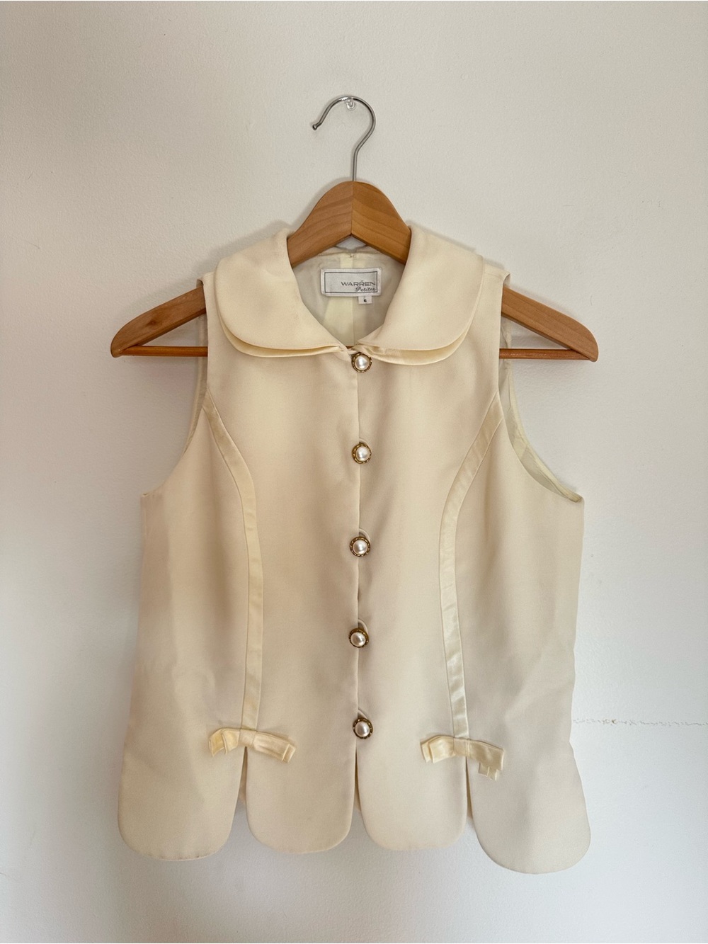 Vtg 90s Warren Petites Scalloped Vest Cream Pearl Button Bow Waistcoat Size 6